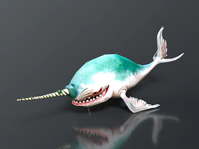 Narwhal Model With Blue Green And White Body Long Tusk Open Mouth Sharp Teeth 3d model
