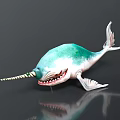 Narwhal Model With Blue Green And White Body Long Tusk Open Mouth Sharp Teeth