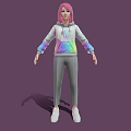 Game Movie Character With Pink Hair And Hoodie Featuring Colorful Gradient Sleeves And Star Pattern