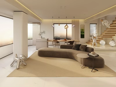 Modern Living and Dining Area with Curved Sofa Area Rug Pendant Lights and Dining Table 3d model