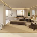 Modern Living and Dining Area with Curved Sofa Area Rug Pendant Lights and Dining Table