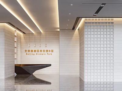 Modern Reception Area Interior Design With Marble Countertop Grid Wall And Pendant Lights 3d model