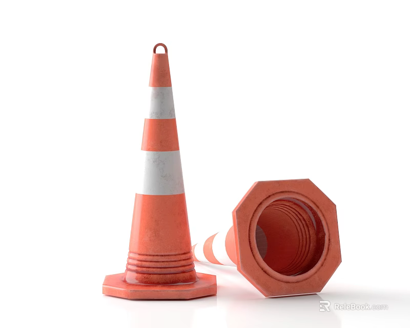 Orange Traffic Cone With White Stripes And Octagonal Road Sign On White Background 3d model 