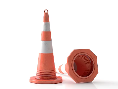 Orange Traffic Cone With White Stripes And Octagonal Road Sign On White Background 3d model