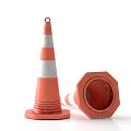 Orange Traffic Cone With White Stripes And Octagonal Road Sign On White Background