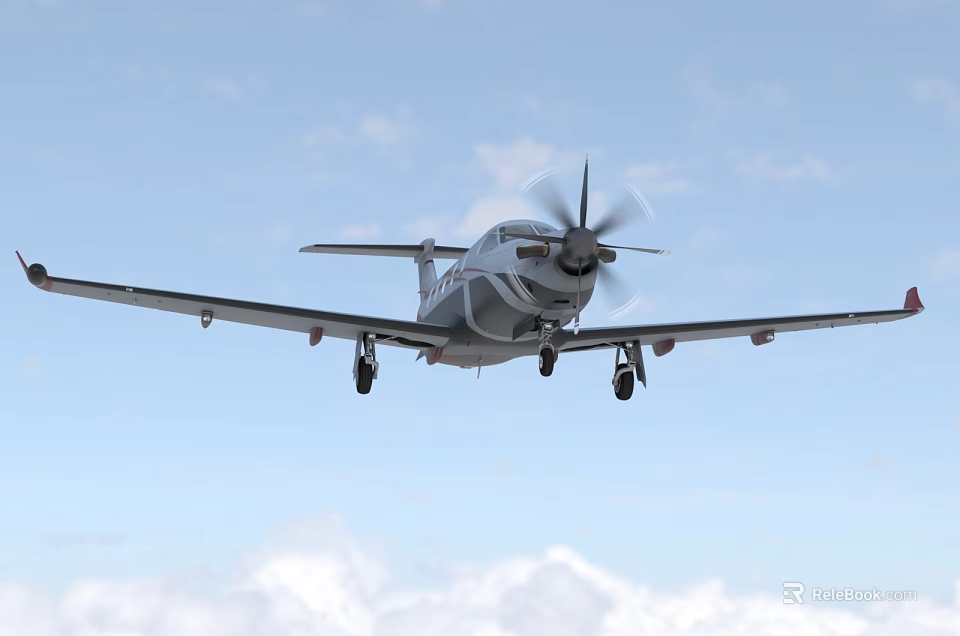 Passenger Plane Flying With Propeller And Landing Gear In Blue Sky With Clouds 3d model 