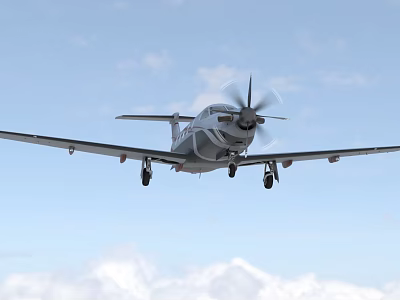 Passenger Plane Flying With Propeller And Landing Gear In Blue Sky With Clouds 3d model