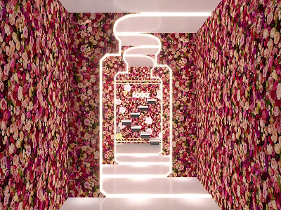 Floral Decorated Interior Space With White Perfume Bottle Outline And Colorful Flower Walls 3d model