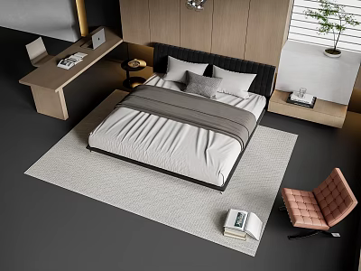 Modern Double Bed With Black Headboard White Bedding Nightstand Desk And Chair 3d model