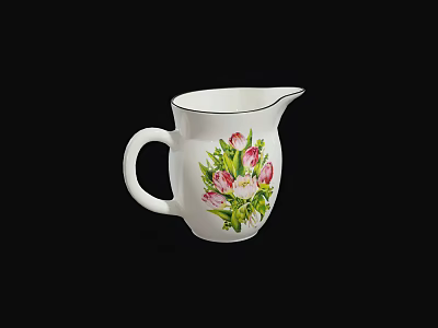 Elegant White Ceramic Pitcher with Vibrant Pink and Green Floral Art 3d model