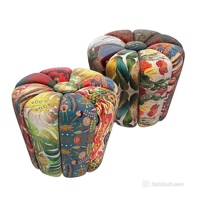 Multicolor Fabric Ottomans With Floral And Leaf Patterns For Home Decor 3d model