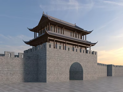 Ancient Chinese Architecture Gate Tower With Traditional Tiled Roof Overhanging Eaves And Stone City Wall 3d model