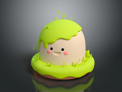 Cute Cartoon Dome Shaped Decorative Living Item With Green Top Grass Smiling Face And Blush 3d model