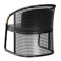 Modern Leisure Chair With Black Metal Frame Golden Armrests Woven Design And Padded Seat
