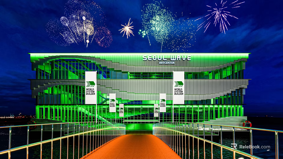 Seoul Wave Building Night Scene With Green Exterior Fireworks And Red Walkway 3d model 