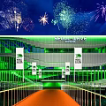Seoul Wave Building Night Scene With Green Exterior Fireworks And Red Walkway
