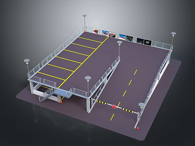 Well Lit Parking Lot With Yellow Marked Spaces Lighting Poles And Entrance Ramp 3d model