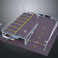 Well Lit Parking Lot With Yellow Marked Spaces Lighting Poles And Entrance Ramp