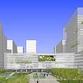 Modern Office Building Plaza With Lush Greenery Pedestrian Walkways And Open Areas