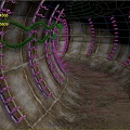Cartoon Style Industrial Tunnel With Metal Rings Chains And Distant Light