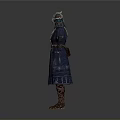 Fantasy Warrior Character With Horned Helmet Blue Embroidered Robe And Brown Boots