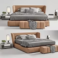 Modern Brown Double Bed Interior With Gray Bedding Nightstand Lamp And Ottoman 3d model