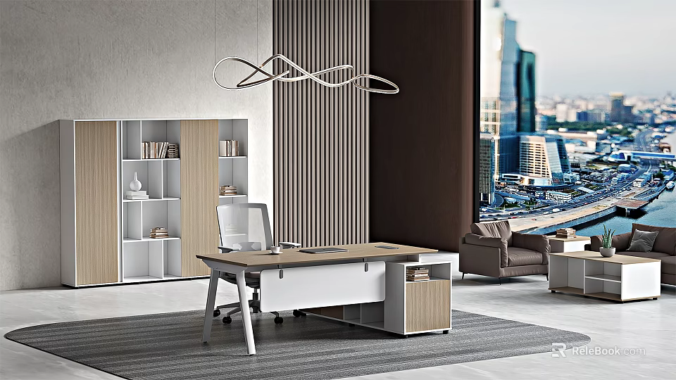 Modern Office Interior Design With Wooden Desk Chair Bookshelf Sofa And City View 3d model 
