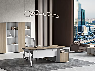 Modern Office Interior Design With Wooden Desk Chair Bookshelf Sofa And City View 3d model