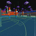 Modern Indoor Basketball Court With Blue Floor Orange Walls Hanging Lights And White Lines