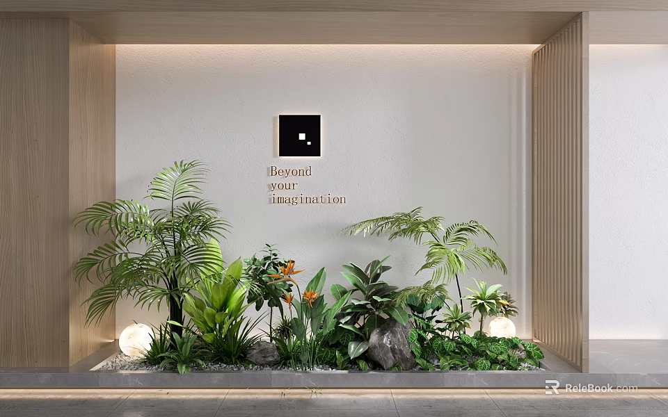 Lush Courtyard Garden Design With Tropical Plants Green Foliage Stones And Ambient Lights 3d model 