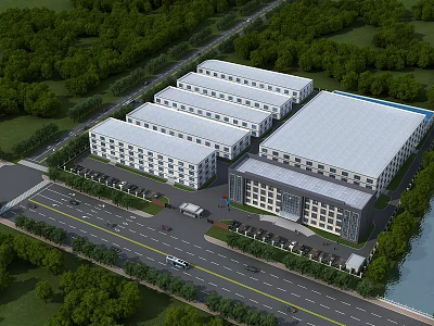 Aerial View Planning of Industrial Park With Factory Buildings Greenery Roads Parking and Water 3d model