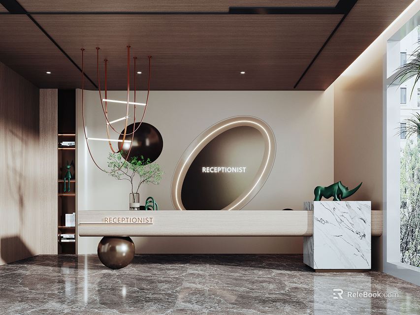 Modern Reception Area Design With Marble Counter Pendant Light Green Plant And Wooden Wall 3d model 