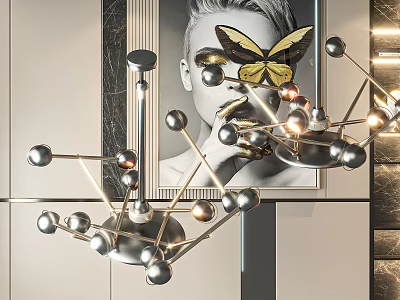 Elegant Modern Chandelier With Metal Spheres And Geometric Design In Contemporary Interior 3d model