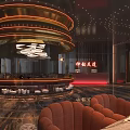 Modern Luxury Restaurant With Gold Decor Marble Floor Round Bar Green Plants And Chandeliers