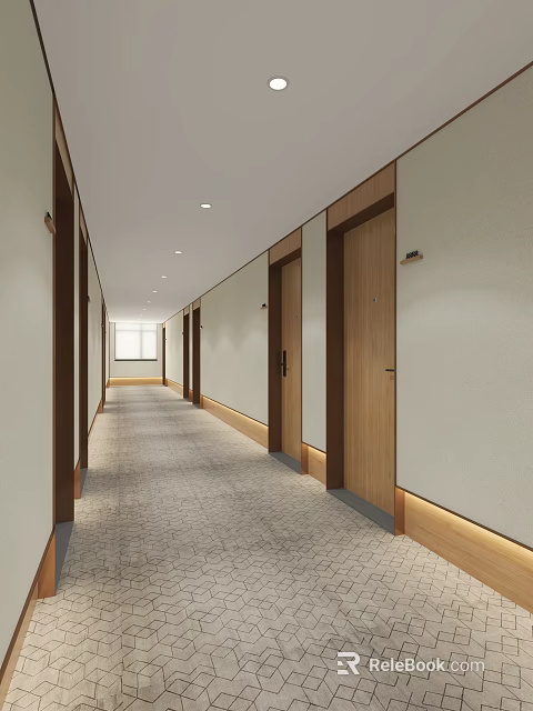 Elegant Hotel Corridor With Wooden Doors Light Colored Walls And Carpeted Floor 3d model 