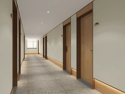 Elegant Hotel Corridor With Wooden Doors Light Colored Walls And Carpeted Floor 3d model