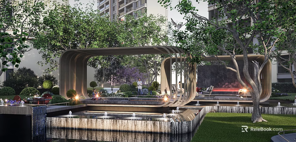 Modern Garden Landscape With Water Fountain Wooden Pergola Greenery And High Rise Buildings 3d model 