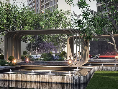 Modern Garden Landscape With Water Fountain Wooden Pergola Greenery And High Rise Buildings 3d model