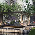 Modern Garden Landscape With Water Fountain Wooden Pergola Greenery And High Rise Buildings