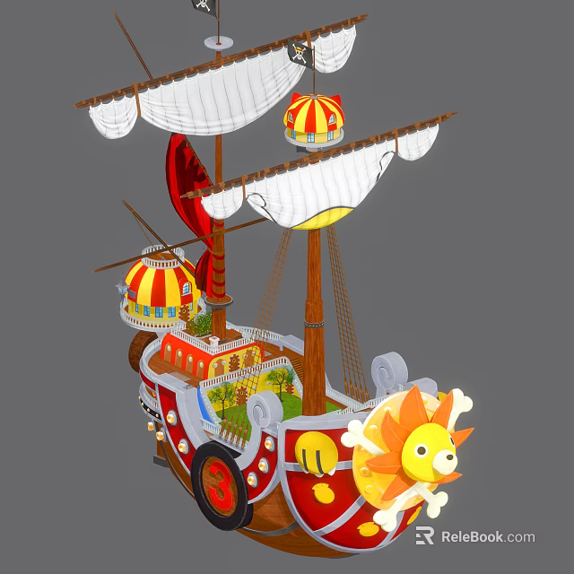 Colorful Ship Shaped Playground Equipment With Sails Wheels And Cartoon Sun 3d model 