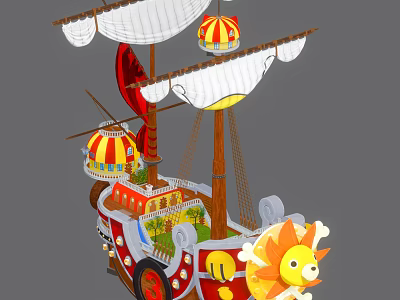 Colorful Ship Shaped Playground Equipment With Sails Wheels And Cartoon Sun 3d model