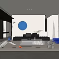 Modern Living Room Interior With Black Sofa And Blue Circular Wall Art Decor