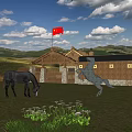 Scenic Grassland With Wooden House Red Flag And Herd Of Horses Under Blue Sky