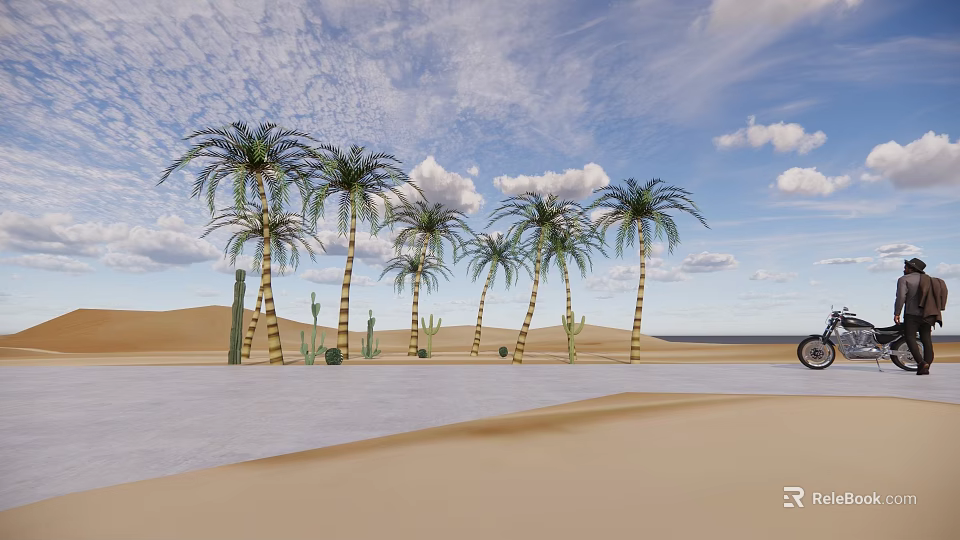 Scenic Desert Landscape With Palm Trees Cacti White Clouds And Motorcycle 3d model 