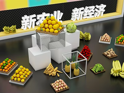 Colorful Various Fresh Fruits Arranged on Display Stands for New Agriculture Economy 3d model