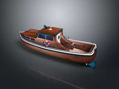 Wooden Small Boat With Cabin Windows And Lifebuoy On Gray Background 3d model