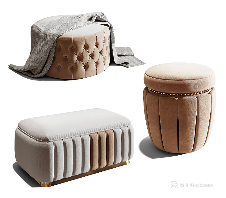 Elegant Modern Tufted Velvet Ottoman Round And Rectangular Stitched Details 3d model 
