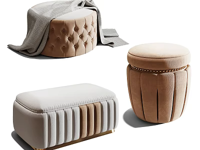 Elegant Modern Tufted Velvet Ottoman Round And Rectangular Stitched Details 3d model