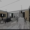 Modern Open Dining and Living Room Interior With Marble Floor Pendant Lights And Large Windows