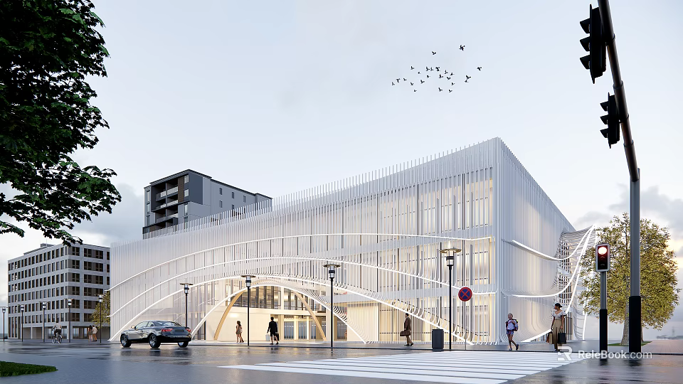 Modern White Curved Building With Glass Facade Urban Pedestrians Vehicles And Flying Birds 3d model 